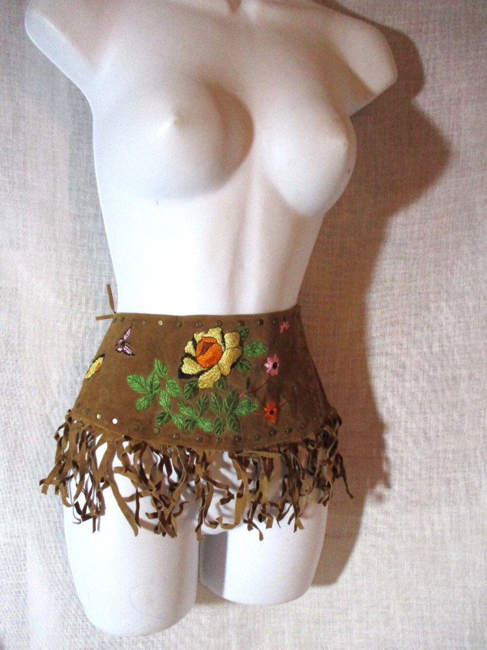 Suede Hippie Leather Fringe Faire BELT Festival Embroidered FLOWER BUTTERFLY